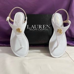 New Ralph Lauren Ellington white sandals w/ Gold RLL emblem on front. Size 8